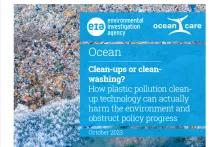 Cover of "Clean-ups or cleanwashing? How plastic pollution cleanup technology can actually harm the environment and obstruct policy progress (2023)"