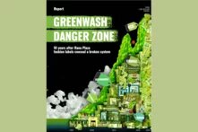 Title: Greenwash Danger Zone. 10 years after Rana Plaza fashion labels conceal a broken system. Black background. Right: Pile of Fashion labels growing on a year-scale