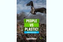 Title: People vs Plastic on top of a dump. Big stork landing.