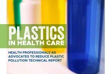 Blue, yellow, pink, green plastic bottles. On top: Plastics in Health Care