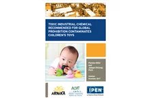 Cover TOXIC INDUSTRIAL CHEMICAL RECOMMENDED FOR GLOBAL PROHIBITION CONTAMINATES CHILDREN’S TOYS. Baby with plastic toys
