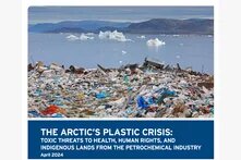 Cover "The Arctic's Plastic Crisis (2024)": Plastic waste in front of Arctic landscape