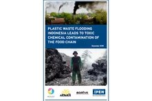 Cover of Plastic Waste Flooding Indonesia Leads to Toxic Chemical Contamination of the Food Chain (2019): On top: Smoking chimneys, in the middle: Title, bottom: Man in the middle of a burning garbage dump
