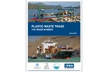 Cover "Plastic Waste Trade: The Hidden Numbers (2023)": Port with container ship on top. Title in the middle. Container ship below