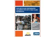 Cover: POPs Recycling Contaminates Children's Toys with Toxic Flame Retardants (2017); Left: Black child in front of a garbage dump. Right: White child with Rubik's Cubee