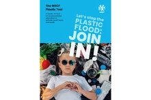 Title: The WECF Plastic Tool: A hands-on tool for environmental education in schools, youth work, and more; Girl with sunglasses lying amidst plastic waste