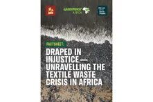 Cover of Fact Sheet: DRAPED IN INJUSTICE— UNRAVELLING THE TEXTILE WASTE CRISIS IN AFRICA; dark background showing the seaside polluted by plastic