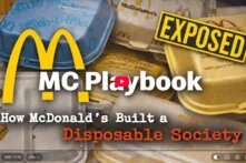 First frame of the video on YouTube: MC Playbook. How McDonalds's built a Disposable Society. In the background: McDonald's packages.