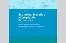 Cover of the report; white font on blue background: Exploring Everyday Microplastic Exposures: Recent evidence of products delivering microplastic to humans