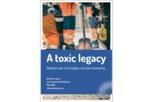 Cover of the publication: Two workers in orange working clothes and parts of a machine. Title:  A toxic legacy: Bottom ash in Europe’s circular economy
