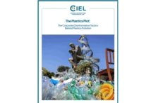 Cover of the publication: The Plastics Plot: The Corporate Disinformation Tactics Behind Plastics Pollution. Empty plastic bottles on a waste heap
