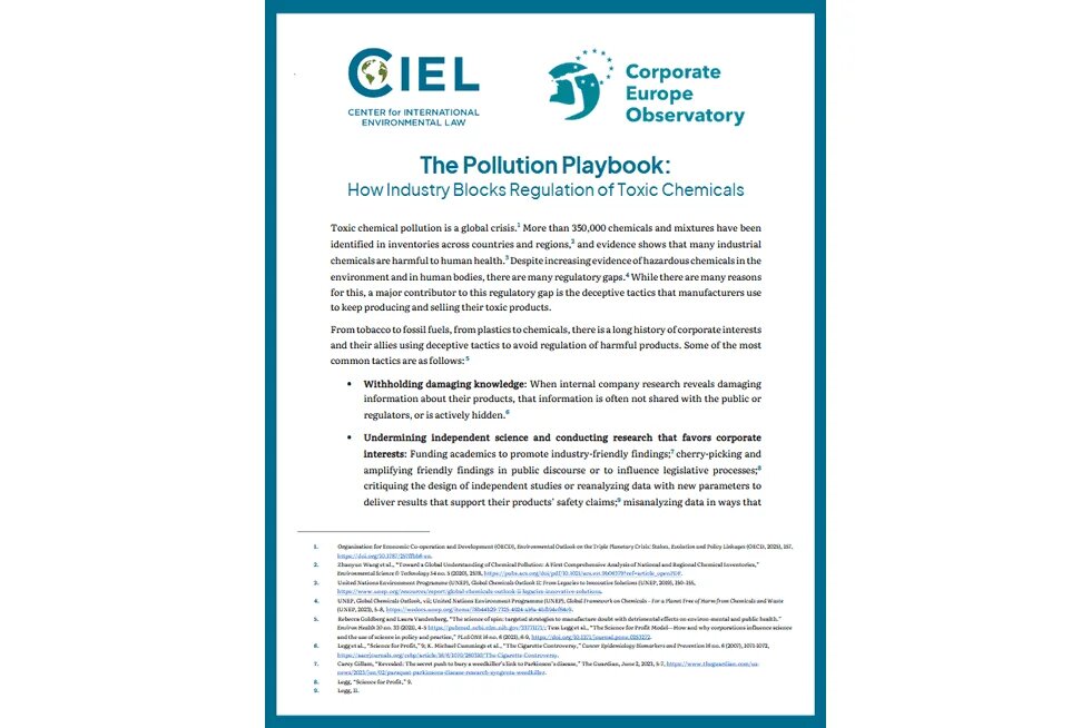 Cover of "The Pollution Playbook: how industry blocks regulation of toxic chemicals"